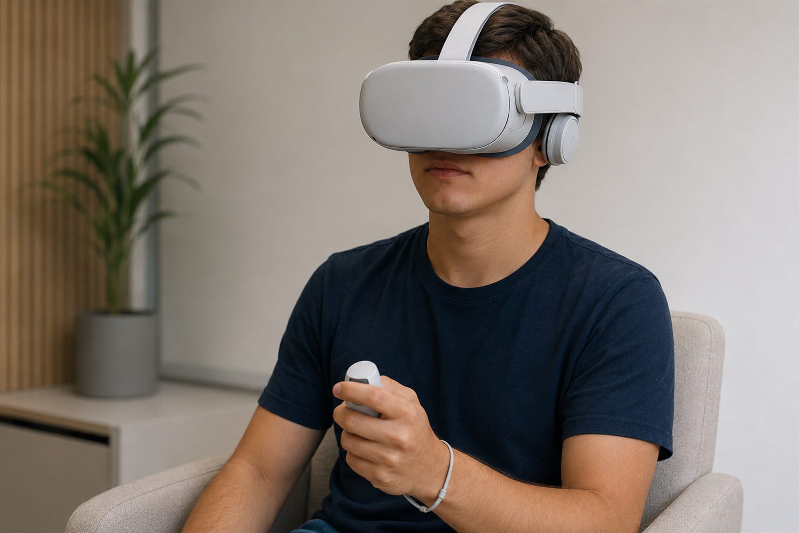 Paciente usando óculos de realidade virtual durante a avaliação